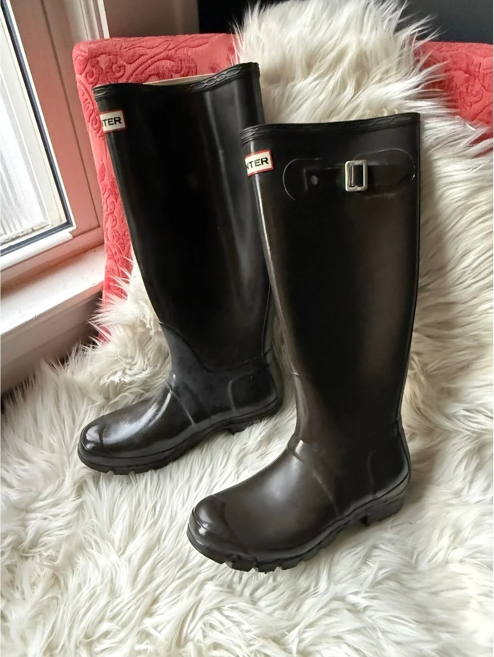 Hunter Black Tall Rain Boots with Adjustable Buckle